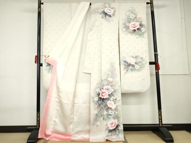 平和屋着物●豪華振袖 手描き 枝花文 銀通し地 正絹 逸品 AABK6465cs