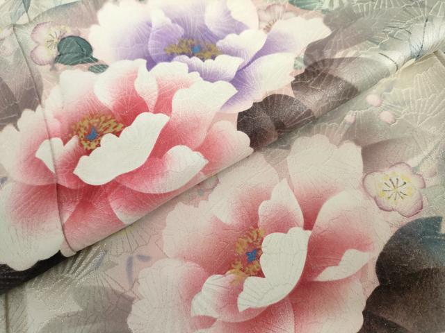 平和屋着物●豪華振袖 手描き 枝花文 銀通し地 正絹 逸品 AABK6465cs