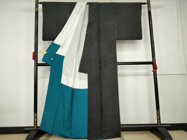 平和屋着物●上質な色無地 蔦の葉地紋 黒色 正絹 逸品 AABK6468cs