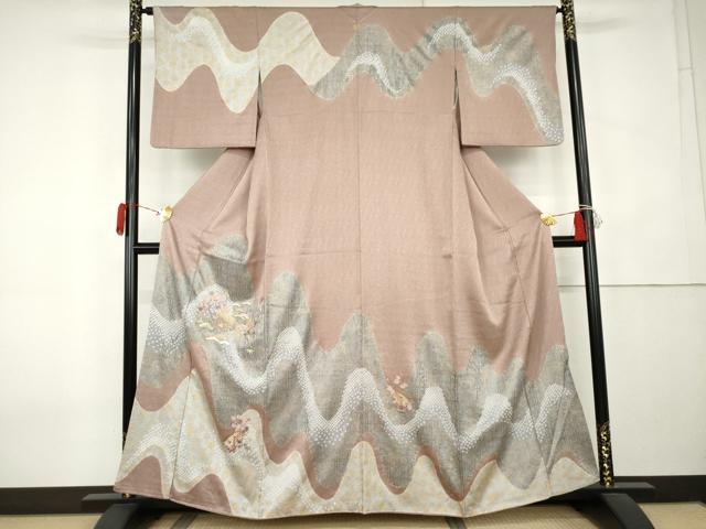 平和屋着物●訪問着 絞り 刺繍 渡り橋風景松竹梅文 金彩 正絹 逸品 AABK6479cs