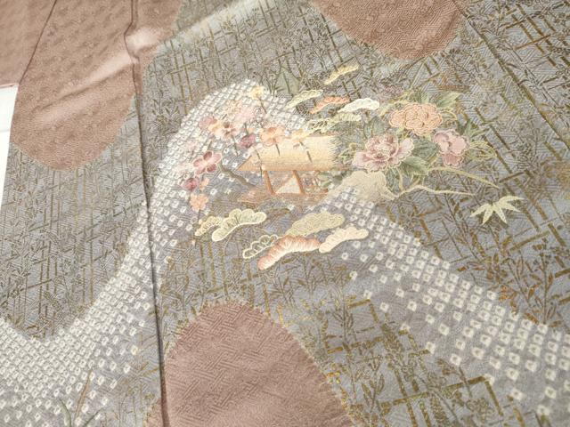平和屋着物●訪問着 絞り 刺繍 渡り橋風景松竹梅文 金彩 正絹 逸品 AABK6479cs