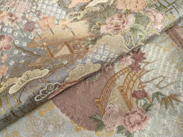 平和屋着物●訪問着 絞り 刺繍 渡り橋風景松竹梅文 金彩 正絹 逸品 AABK6479cs