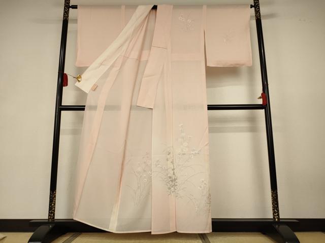 平和屋着物●夏物 訪問着 絽 手描き 草花文 暈し染め 銀彩 正絹 逸品 AABK6495jd