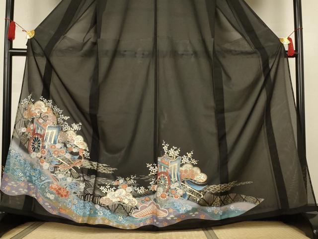 平和屋着物*夏物 黒留袖 絽 御所車吉祥花文 金彩 洗える着物 AABK6503jd