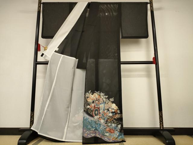 平和屋着物*夏物 黒留袖 絽 御所車吉祥花文 金彩 洗える着物 AABK6503jd