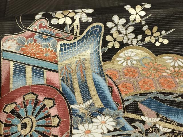 平和屋着物*夏物 黒留袖 絽 御所車吉祥花文 金彩 洗える着物 AABK6503jd
