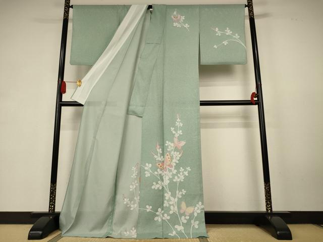 平和屋着物*夏物 訪問着 絽 花蝶文 銀彩 ロング丈 洗える着物 AABK6553jd