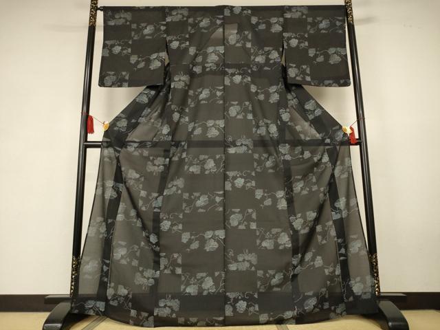 平和屋着物*夏物 小紋 紗 蔦の葉文 黒地 洗える着物 AABK6564jd
