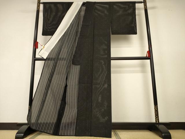 平和屋着物*夏物 小紋 縦絽 花織 霞文 黒地 正絹 逸品 AABK6575jd