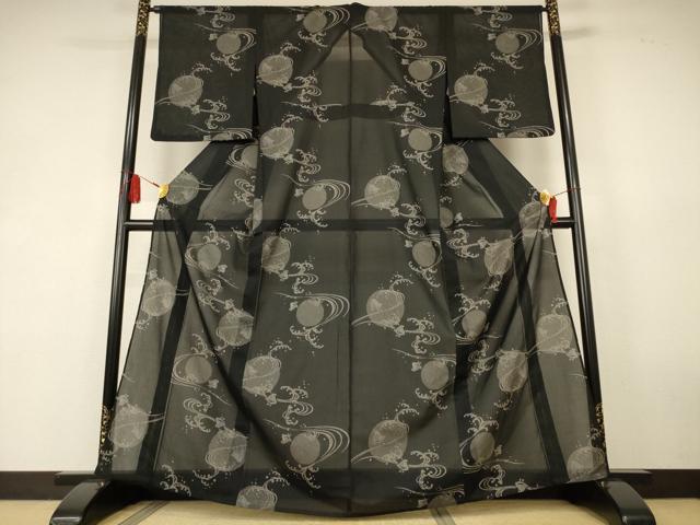 平和屋着物*夏物 夏塩沢 立波千鳥文 黒地 東レシルック 証紙付き AABK6603jd