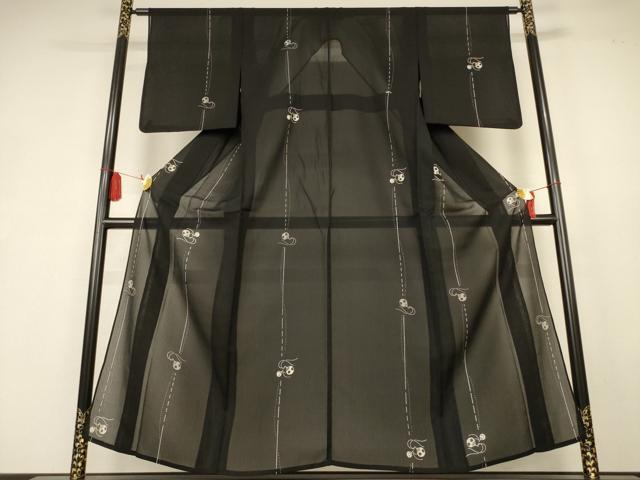 平和屋着物*夏物 小紋 紗紬 団扇花間道 黒地 正絹 逸品 AABK6619jd