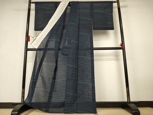 平和屋着物*夏物 紗紬 100亀甲 横縞 正絹 逸品 AABK6635jd