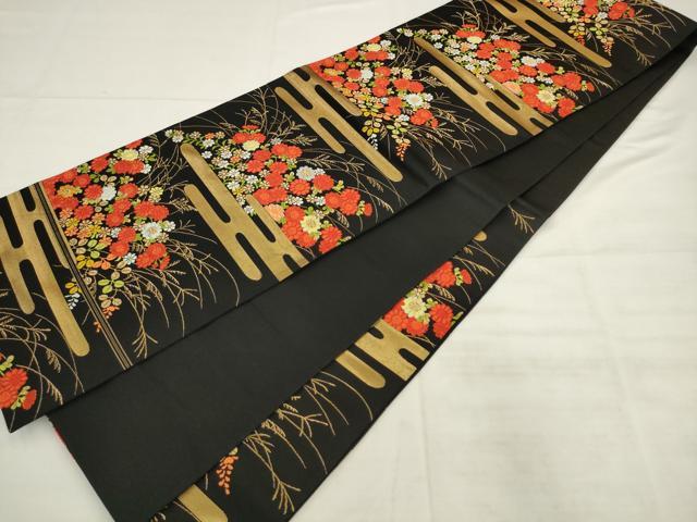 平和屋着物◎六通柄袋帯 唐織 エ霞花文 黒地 金糸 正絹 逸品 AABK6683pf