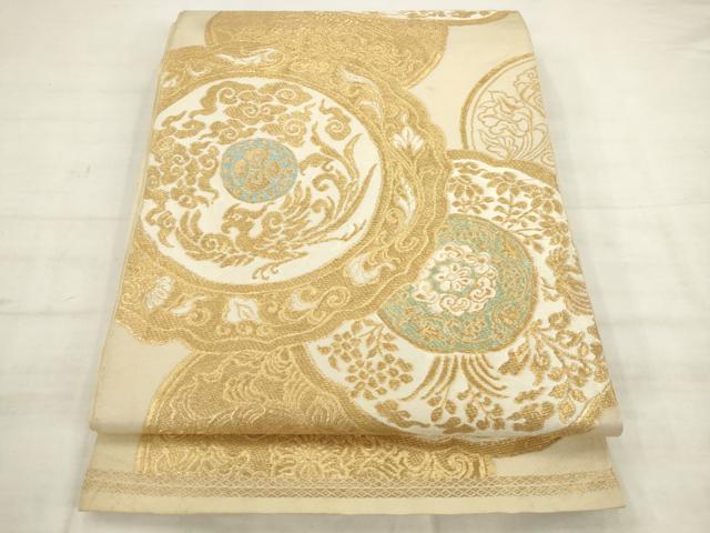 平和屋着物◎西陣 服部織物謹製 六通柄 本袋帯 鳳凰花文 白鳥錦 金糸 正絹 逸品 AABK6692pf