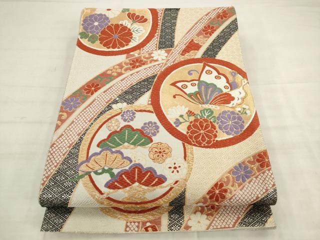 平和屋着物◎六通柄袋帯 唐織 花蝶丸文 金糸 正絹 逸品 AABK6701pf