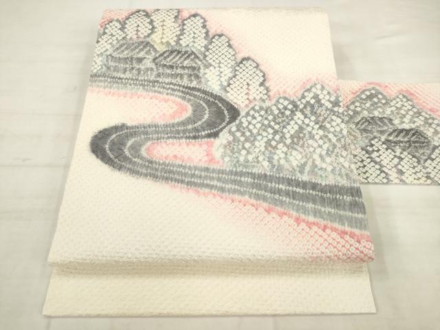 平和屋着物●名門 藤娘きぬたや・総絞り 九寸名古屋帯 風景文 正絹 逸品 AABK6711pf