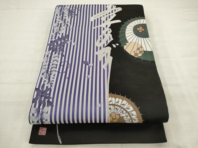 平和屋着物●美空ひばり 六通柄袋帯 番傘 黒地 金銀糸 正絹 逸品 AABK6721pf