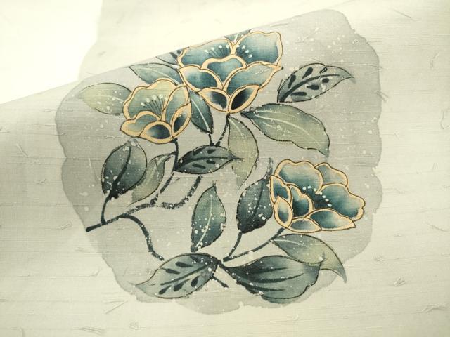 平和屋着物●九寸名古屋帯 髭紬 手描き 草花文 金彩 正絹 逸品 AABK6726pf
