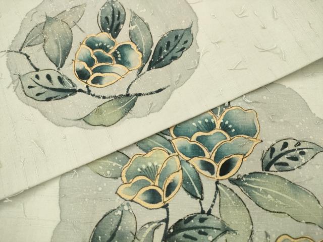 平和屋着物●九寸名古屋帯 髭紬 手描き 草花文 金彩 正絹 逸品 AABK6726pf
