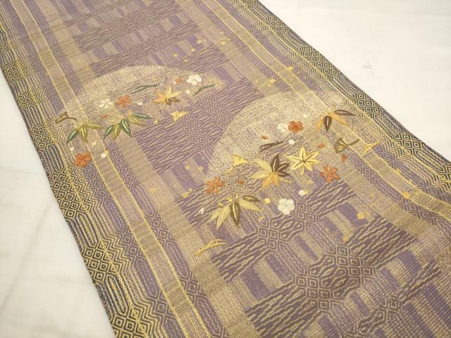 平和屋着物●ひなや工房 くむ・あむ・おる 伊豆蔵明彦 太鼓柄袋帯 総刺繍 草花文 金糸 正絹 逸品 AABK6751pf