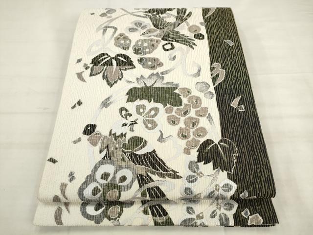 平和屋着物●全通柄袋帯 葡萄蔦の葉文 花喰い鳥 銀彩 金通し地 正絹 逸品 AABK6763pf