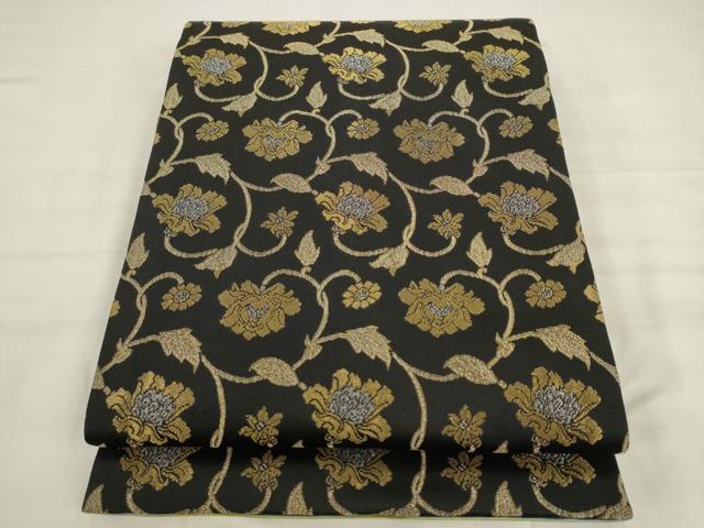 平和屋着物●両面全通柄袋帯 更紗花文 黒地 金銀糸 正絹 逸品 AABK6779pf