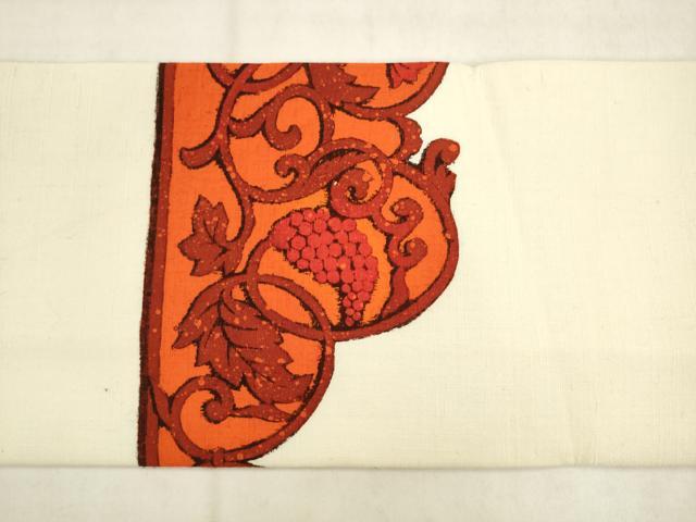 平和屋着物●九寸名古屋帯 紬地 葡萄蔦の葉文 金彩 正絹 逸品 AABK6781pf