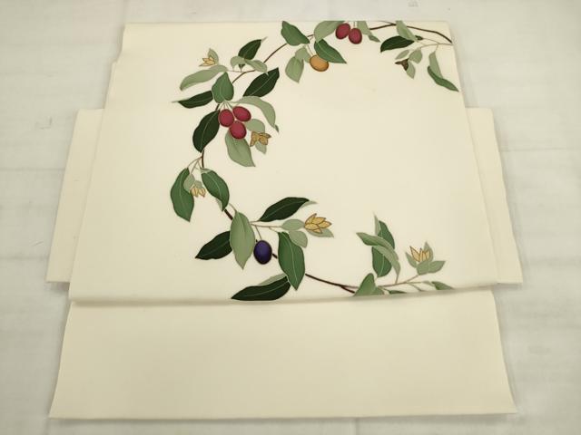 平和屋着物●塩瀬 つけ帯 駒刺繍 南天文 金糸 正絹 逸品 AABK6783pf