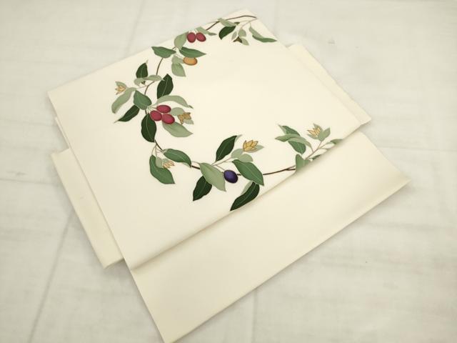 平和屋着物●塩瀬 つけ帯 駒刺繍 南天文 金糸 正絹 逸品 AABK6783pf
