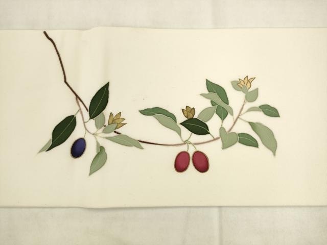 平和屋着物●塩瀬 つけ帯 駒刺繍 南天文 金糸 正絹 逸品 AABK6783pf