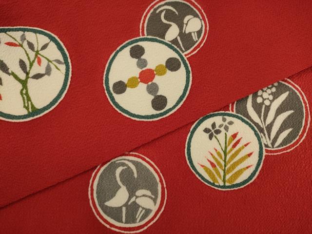 平和屋着物●九寸名古屋帯 花鳥丸文 型染め 鬼しぼ縮緬 正絹 逸品 AABK6810pf