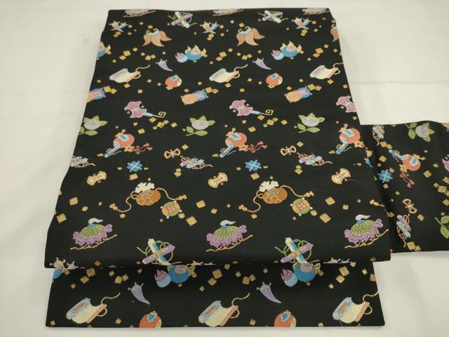 平和屋着物●九寸名古屋帯 唐織 宝尽くし 黒地 金糸 正絹 逸品 AABK6815pf