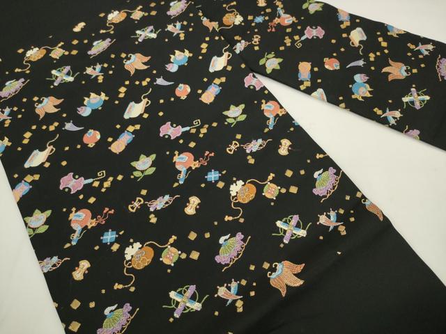 平和屋着物●九寸名古屋帯 唐織 宝尽くし 黒地 金糸 正絹 逸品 AABK6815pf