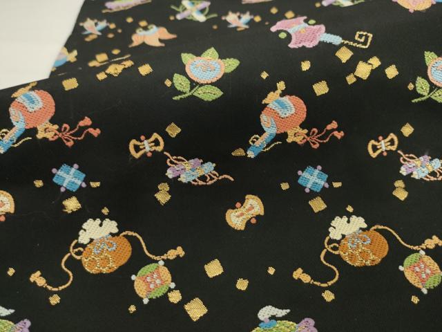 平和屋着物●九寸名古屋帯 唐織 宝尽くし 黒地 金糸 正絹 逸品 AABK6815pf