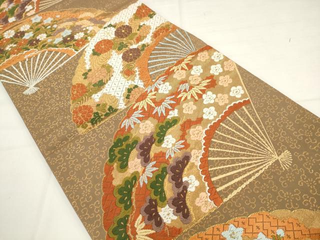 平和屋着物●西陣 河合美術織物謹製 六通柄袋帯 唐織 扇面草花文 金糸 正絹 逸品 AABK6819pf