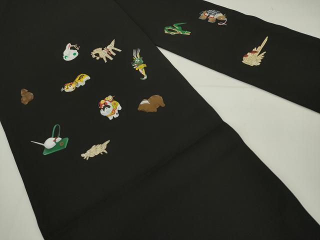 平和屋着物●塩瀬 九寸名古屋帯 手描き 十二支 黒地 正絹 逸品 AABK6820pf