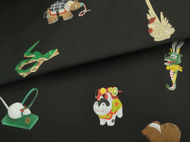 平和屋着物●塩瀬 九寸名古屋帯 手描き 十二支 黒地 正絹 逸品 AABK6820pf