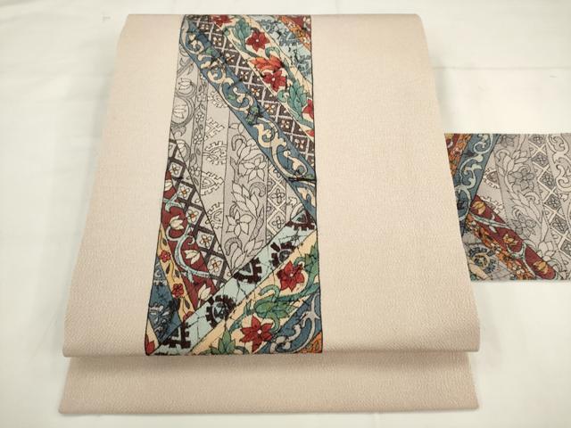 平和屋着物●九寸名古屋帯 更紗草花文 鬼しぼ縮緬 伊と幸 正絹 逸品 AABK6823pf