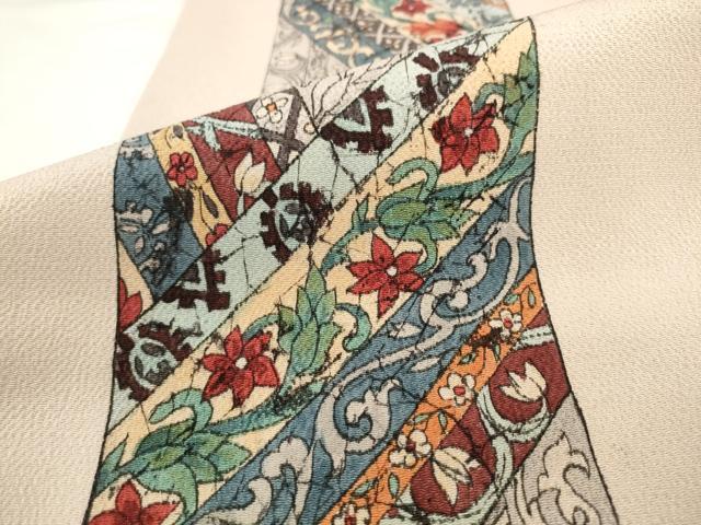 平和屋着物●九寸名古屋帯 更紗草花文 鬼しぼ縮緬 伊と幸 正絹 逸品 AABK6823pf
