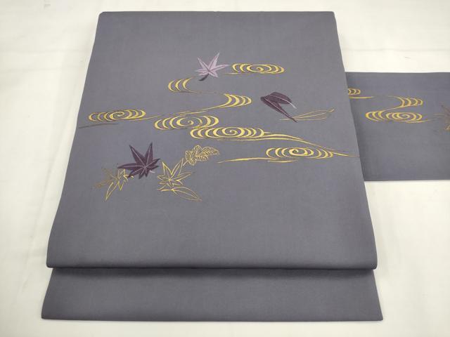 平和屋着物●京繍作家 合田峰太郎 塩瀬 九寸名古屋帯 刺繍 流水舞葉文 金彩 正絹 逸品 AABK6825pf