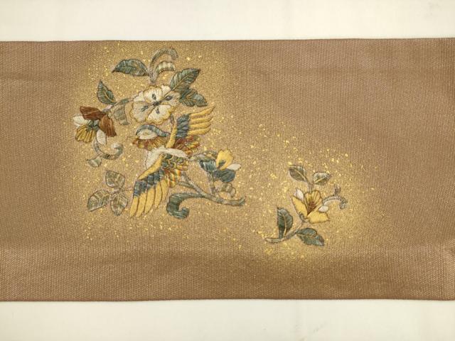 平和屋着物●九寸名古屋帯 総刺繍 花鳥文 金銀糸 正絹 逸品 AABK6841pf