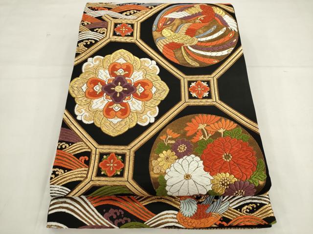 平和屋着物●六通柄袋帯 唐織 能衣錦 立波蜀江花鳥文 黒地 金糸 正絹 逸品 AABK6844pf