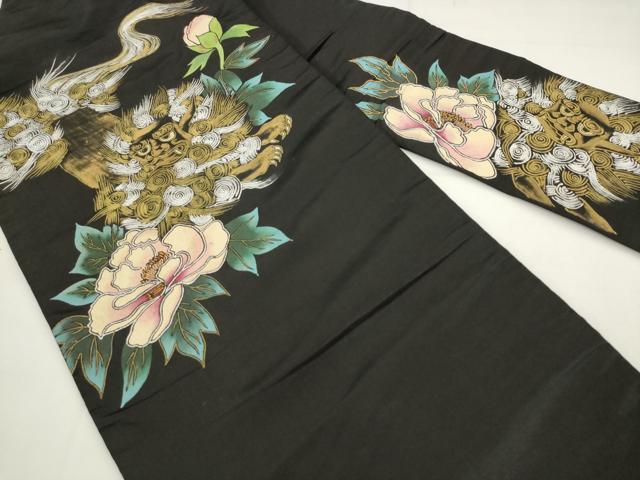 平和屋着物●アンティーク 大正ロマン 九寸名古屋帯 手描き 唐獅子 黒地 金銀彩 正絹 逸品 AABK6848pf