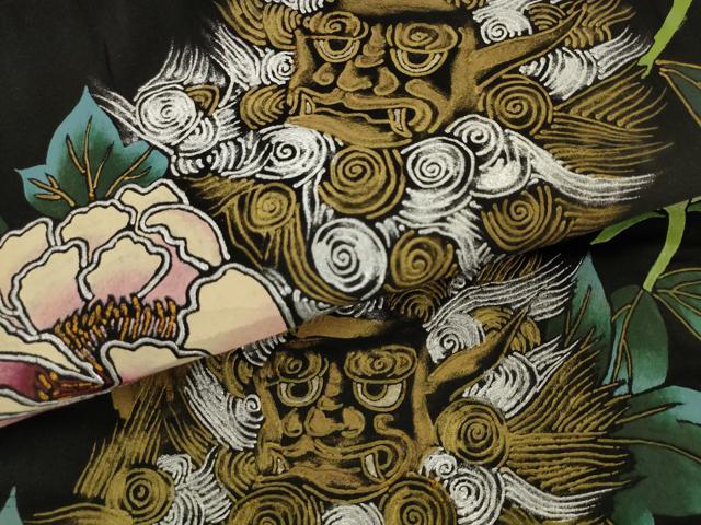 平和屋着物●アンティーク 大正ロマン 九寸名古屋帯 手描き 唐獅子 黒地 金銀彩 正絹 逸品 AABK6848pf