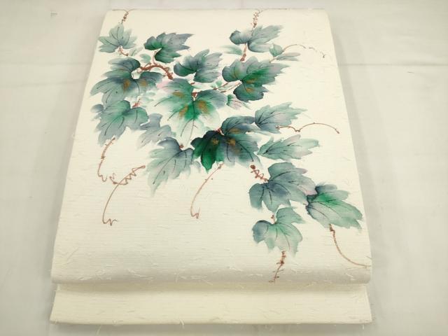 平和屋着物●九寸開き名古屋帯 髭紬 手描き 蔦の葉文様 金彩 正絹 逸品 AABK6851pf