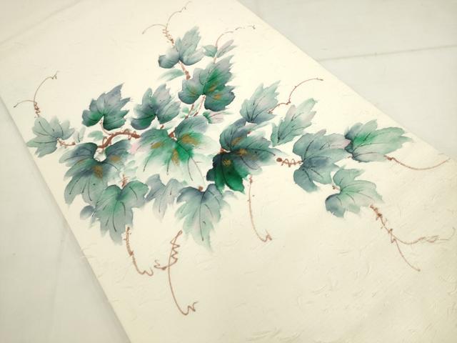 平和屋着物●九寸開き名古屋帯 髭紬 手描き 蔦の葉文様 金彩 正絹 逸品 AABK6851pf