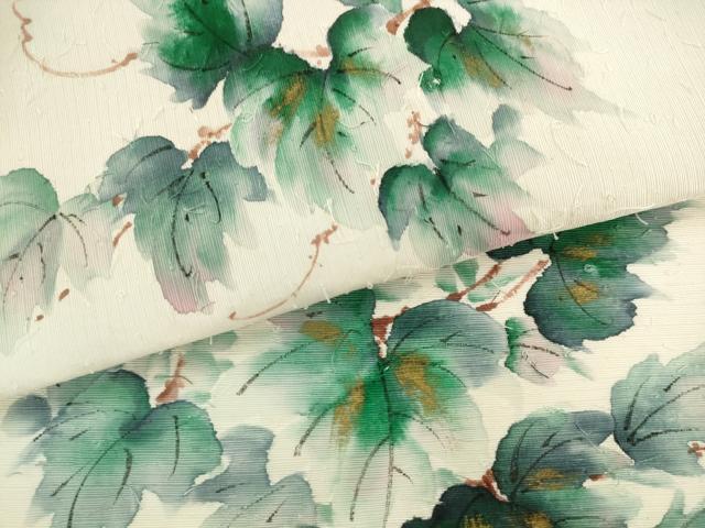 平和屋着物●九寸開き名古屋帯 髭紬 手描き 蔦の葉文様 金彩 正絹 逸品 AABK6851pf