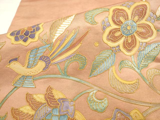 平和屋着物●九寸名古屋帯 更紗花鳥文 金彩 正絹 逸品 AABK6857pf