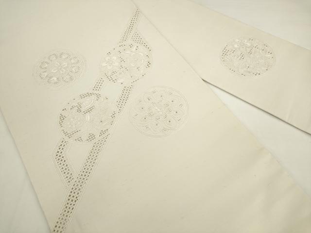 平和屋着物●中国三大刺繍 スワトウ刺繍 汕頭刺繍 総刺繍 九寸名古屋帯 紬地 草花丸文 正絹 逸品 AABK6858pf