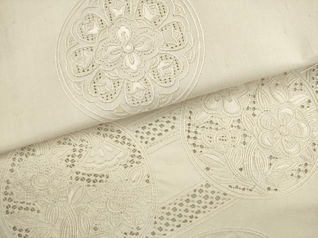 平和屋着物●中国三大刺繍 スワトウ刺繍 汕頭刺繍 総刺繍 九寸名古屋帯 紬地 草花丸文 正絹 逸品 AABK6858pf